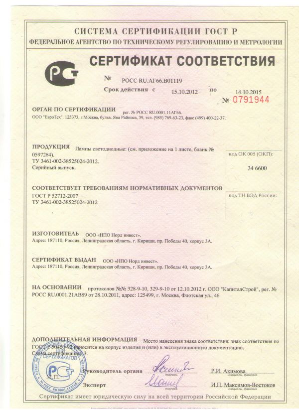 Российский сертификат соответствия на светодиодные лампы