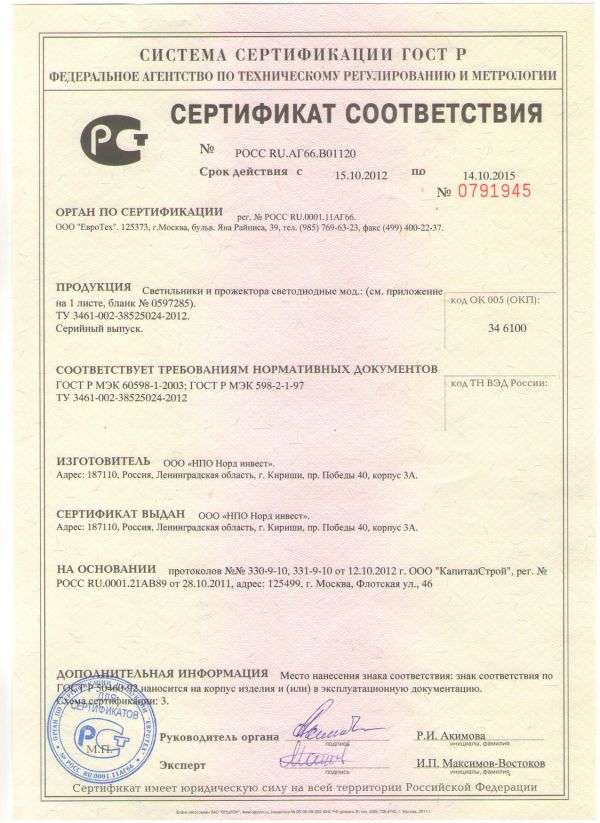 Российский сертификат соответствия светодиодные светильники