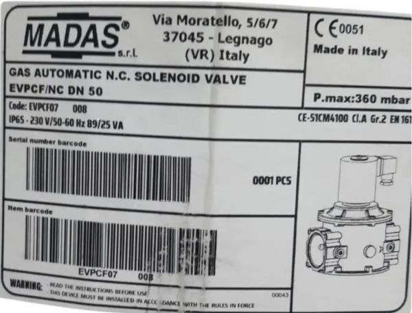 Маркировка электромагнитного клапана EVP/NC DN50 P.макс 360 мбар 230В/50-60Гц код_EVPCF07 008 Madas