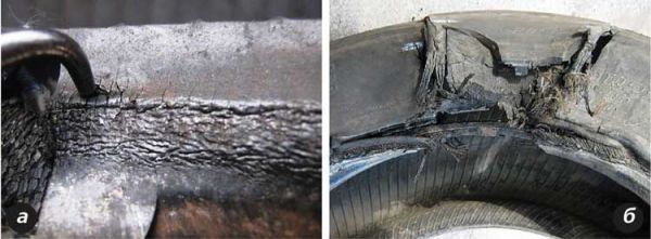 ермическое разрушение резины на борте (а) и разрушение шины (б) при расплетении радиальных нитей корда на бортовом кольце