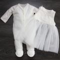 Комплект одежды для новорожденного (комбинезон, сарафан и ободок)