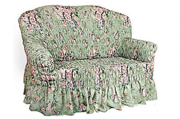 Еврочехол на 2-х местный диван Фантазия Феличита - Универсальный чехол надиван с подлокотниками и длиной по спинке от 100 до 160 см. Нежныйцветочный дизайн. Внизу оборка