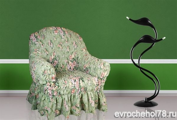 Еврочехол на кресло Фантазия Феличита - Натяжной чехол на кресло серииФАНТАЗИЯ с нежными розово-бежевыми цветами на бледно зеленом фоне. Подходитдля кресел с подлокотниками любой конфигурации и шириной по спинке до