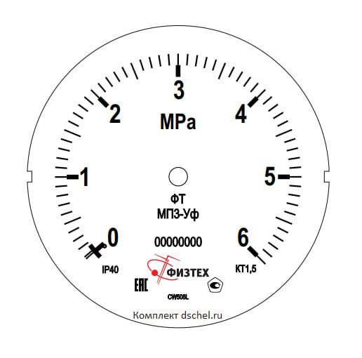 Макет мерной шкалы манометра МП3-Уф 0-6 МПа кт.1,5 d.100 IP40 M20*1,5 РШ Физтех