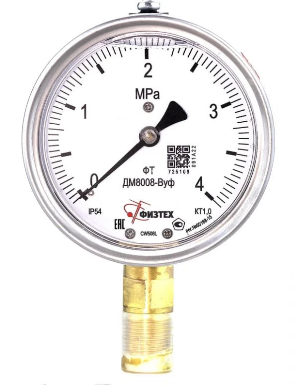 Манометр ДМ8008-ВУф 0-4 МПа кт.1.0 d.100 IP54 M20x1.5 РШ ВуГл Физтех