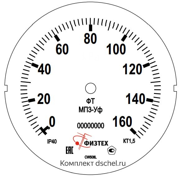 Макет шкалы манометра МП3-Уф 0-160 кгс/см2 кт.1,5 d.100 IP40 M20*1,5 РШ